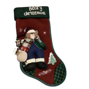 Vtg Beary Christmas Stocking 3D Bear Plush Applique 18” Santas Best Red Green